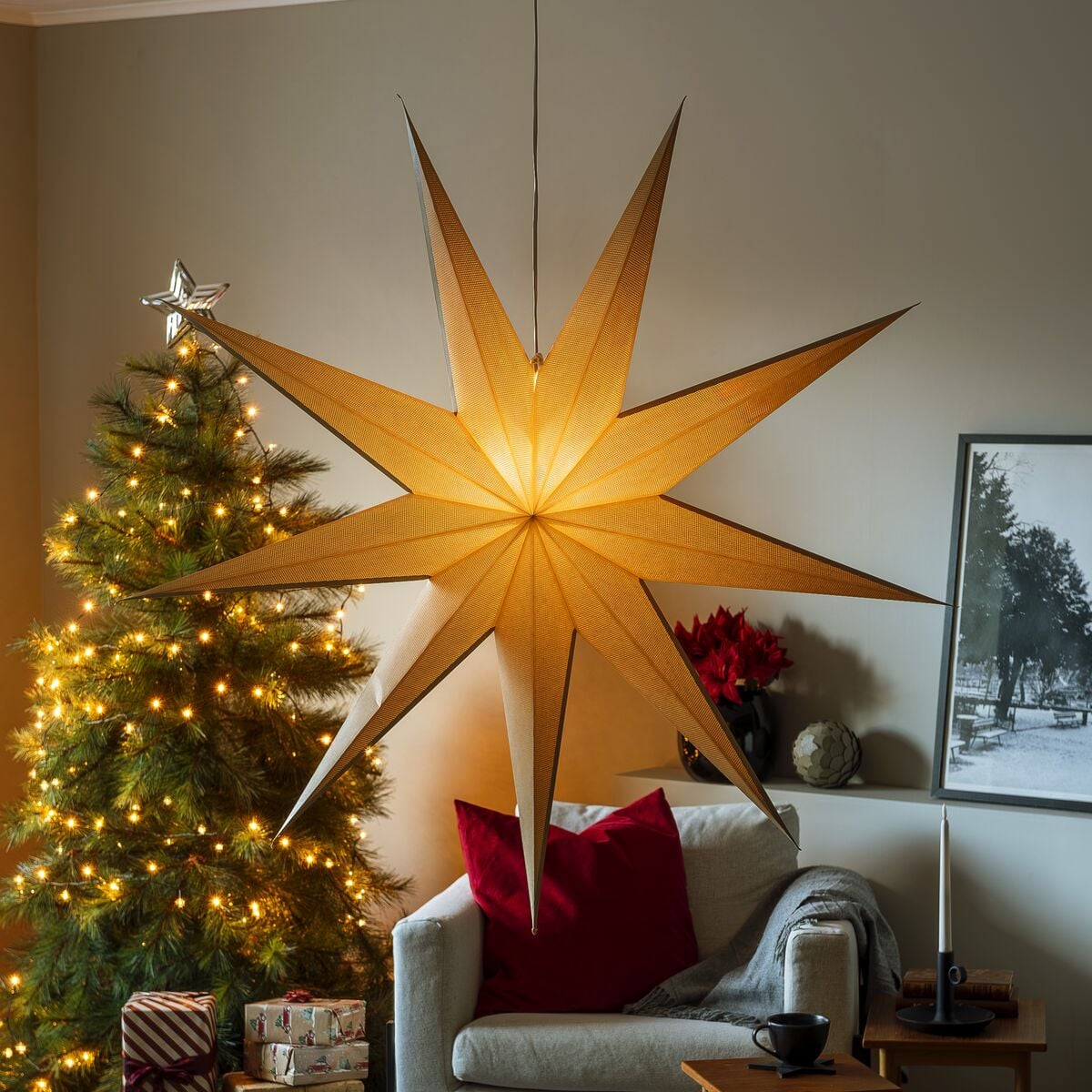Konstsmide paperitähti 9 sakaraa Ø115cm beige, sis. johtosarjan 5 m